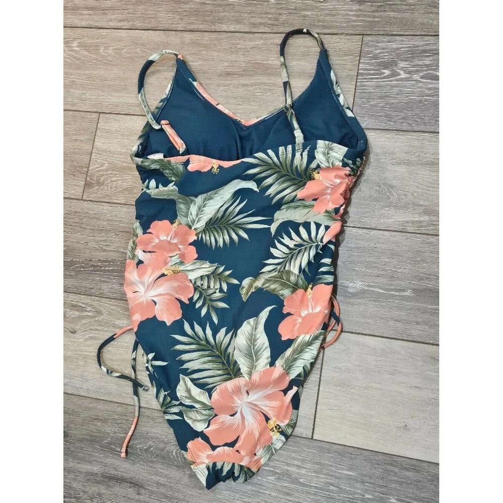 Kona Sol Women's Teal Floral Side-Tie Medium Coverage One Piece Swimsuit-Large